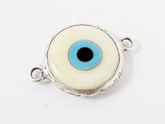 Creamy White Evil Eye Round Artisan Handmade Glass Connector - Matte Antique Silver Plated Bezel - 1pc