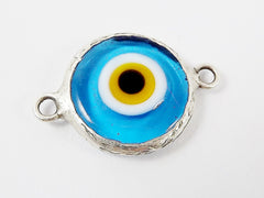 Translucent Cyan Blue Yellow Evil Eye Round Artisan Handmade Glass Connector - Matte Antique Silver Plated Bezel - 1pc