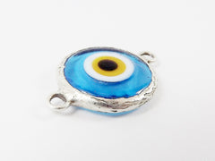 Translucent Cyan Blue Yellow Evil Eye Round Artisan Handmade Glass Connector - Matte Antique Silver Plated Bezel - 1pc