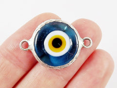 Translucent Cyan Blue Yellow Evil Eye Round Artisan Handmade Glass Connector - Matte Antique Silver Plated Bezel - 1pc