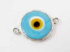 Pale Blue Evil Eye Round Artisan Handmade Glass Connector - Matte Antique Silver Plated Bezel - 1pc