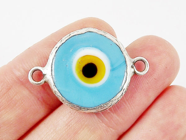 Pale Blue Evil Eye Round Artisan Handmade Glass Connector - Matte Antique Silver Plated Bezel - 1pc