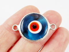 Translucent Cyan Blue Orange Evil Eye Round Artisan Handmade Glass Connector - Matte Antique Silver Plated Bezel - 1pc