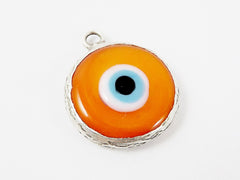 Orange Evil Eye Round Artisan Handmade Glass Pendant - Matte Antique Silver Plated Bezel - 1pc