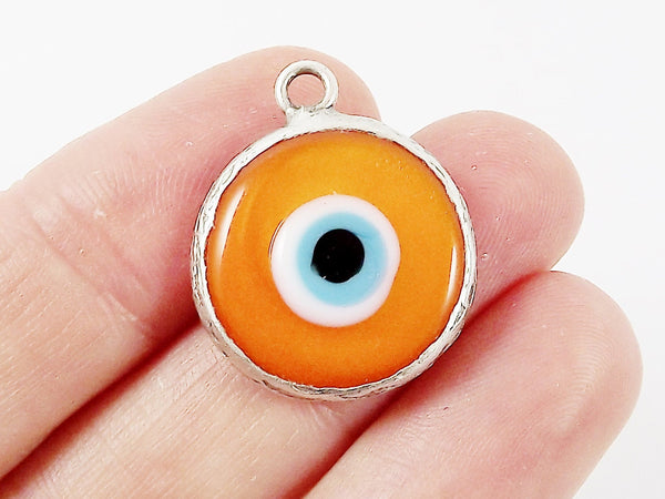 Orange Evil Eye Round Artisan Handmade Glass Pendant - Matte Antique Silver Plated Bezel - 1pc