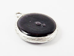 Black Evil Eye Round Artisan Handmade Glass Pendant - Matte Antique Silver Plated Bezel - 1pc