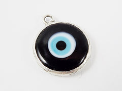 Black Evil Eye Round Artisan Handmade Glass Pendant - Matte Antique Silver Plated Bezel - 1pc