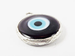 Black Evil Eye Round Artisan Handmade Glass Pendant - Matte Antique Silver Plated Bezel - 1pc