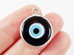 Black Evil Eye Round Artisan Handmade Glass Pendant - Matte Antique Silver Plated Bezel - 1pc