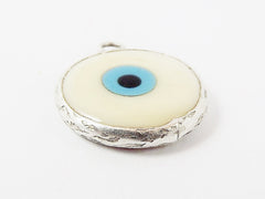 Creamy White Evil Eye Round Artisan Handmade Glass Pendant - Matte Antique Silver Plated Bezel - 1pc