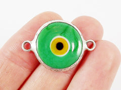 Green Evil Eye Round Artisan Handmade Glass Connector- Matte Antique Silver Plated Bezel - 1pc