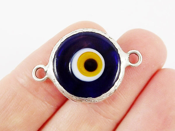 Translucent Navy Yellow Evil Eye Round Artisan Handmade Glass Connector - Matte Antique Silver Plated Bezel - 1pc