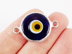 Translucent Navy Yellow Evil Eye Round Artisan Handmade Glass Connector - Matte Antique Silver Plated Bezel - 1pc