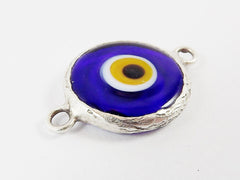 Translucent Navy Yellow Evil Eye Round Artisan Handmade Glass Connector - Matte Antique Silver Plated Bezel - 1pc