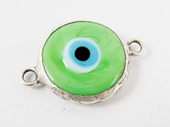 Pale Green Blue Evil Eye Round Artisan Handmade Glass Connector - Matte Antique Silver Plated Bezel - 1pc