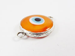 Orange Evil Eye Round Artisan Handmade Glass Connector - Matte Antique Silver Plated Bezel - 1pc