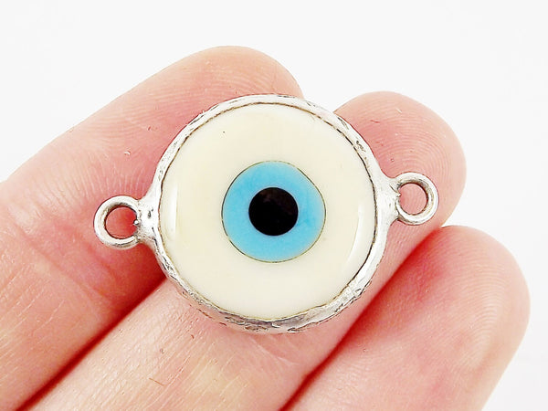 Creamy White Evil Eye Round Artisan Handmade Glass Connector - Matte Antique Silver Plated Bezel - 1pc