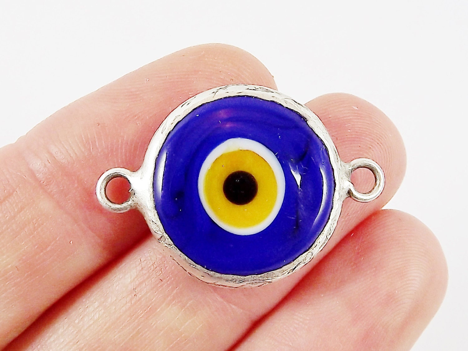 Opaque Navy Blue Yellow Evil Eye Round Artisan Handmade Glass Connector - Matte Antique Silver Plated Bezel - 1pc