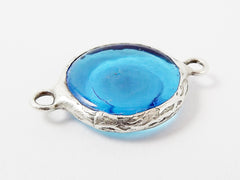 Translucent Cyan Blue Yellow Evil Eye Round Artisan Handmade Glass Connector - Matte Antique Silver Plated Bezel - 1pc