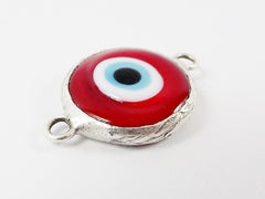 Red Blue Evil Eye Round Artisan Handmade Glass Connector - Matte Antique Silver Plated Bezel - 1pc