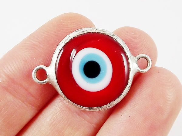 Red Blue Evil Eye Round Artisan Handmade Glass Connector - Matte Antique Silver Plated Bezel - 1pc
