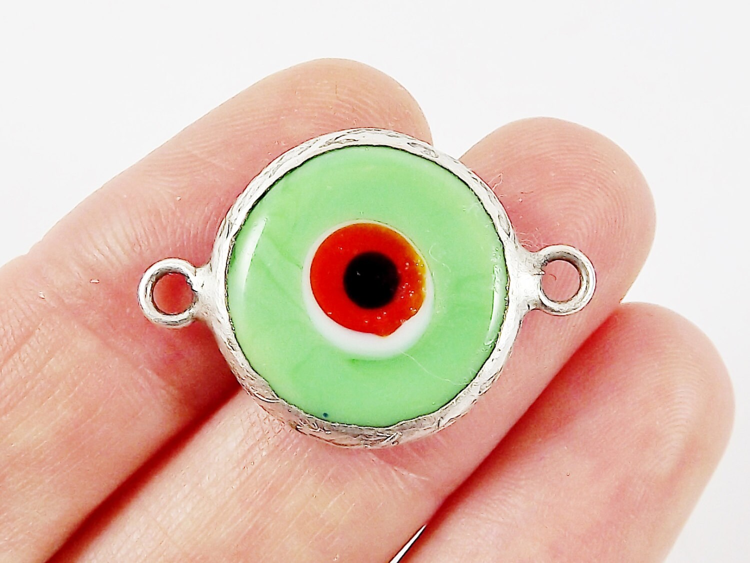 Pale Green Orange Evil Eye Round Artisan Handmade Glass Connector - Matte Antique Silver Plated Bezel - 1pc