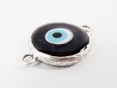 Black Blue Evil Eye Round Artisan Handmade Glass Connector - Matte Antique Silver Plated Bezel - 1pc