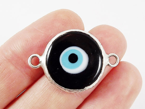 Black Blue Evil Eye Round Artisan Handmade Glass Connector - Matte Antique Silver Plated Bezel - 1pc