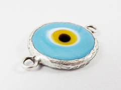 Pale Blue Evil Eye Round Artisan Handmade Glass Connector - Matte Antique Silver Plated Bezel - 1pc