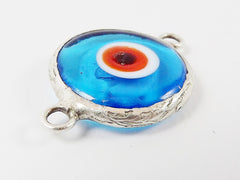 Translucent Cyan Blue Orange Evil Eye Round Artisan Handmade Glass Connector - Matte Antique Silver Plated Bezel - 1pc