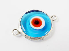 Translucent Cyan Blue Orange Evil Eye Round Artisan Handmade Glass Connector - Matte Antique Silver Plated Bezel - 1pc