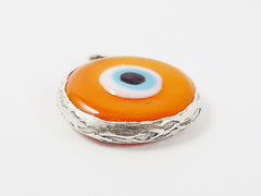 Orange Evil Eye Round Artisan Handmade Glass Pendant - Matte Antique Silver Plated Bezel - 1pc