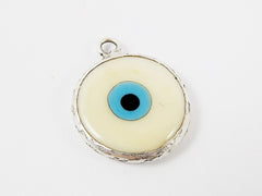 Creamy White Evil Eye Round Artisan Handmade Glass Pendant - Matte Antique Silver Plated Bezel - 1pc