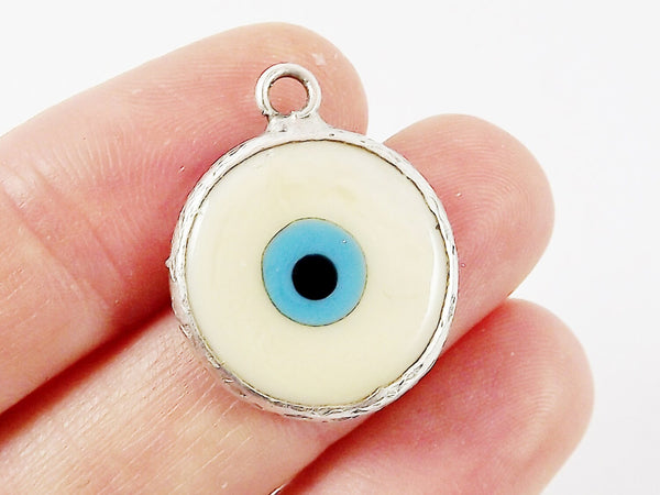 Creamy White Evil Eye Round Artisan Handmade Glass Pendant - Matte Antique Silver Plated Bezel - 1pc