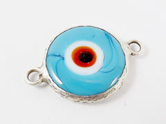Pale Blue Orange Evil Eye Round Artisan Handmade Glass Connector - Matte Antique Silver Plated Bezel - 1pc