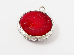 Red Evil Eye Round Artisan Handmade Glass Pendant - Matte Antique Silver Plated Bezel - 1pc