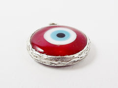 Red Evil Eye Round Artisan Handmade Glass Pendant - Matte Antique Silver Plated Bezel - 1pc