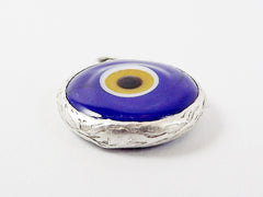 Opaque Navy Blue Yellow Evil Eye Round Artisan Handmade Glass Pendant - Matte Antique Silver Plated Bezel - 1pc