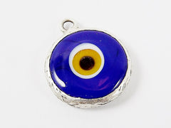 Opaque Navy Blue Yellow Evil Eye Round Artisan Handmade Glass Pendant - Matte Antique Silver Plated Bezel - 1pc