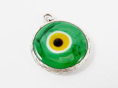 Green Yellow Evil Eye Round Artisan Handmade Glass Pendant - Matte Antique Silver Plated Bezel - 1pc