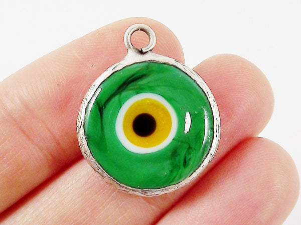 Green Yellow Evil Eye Round Artisan Handmade Glass Pendant - Matte Antique Silver Plated Bezel - 1pc