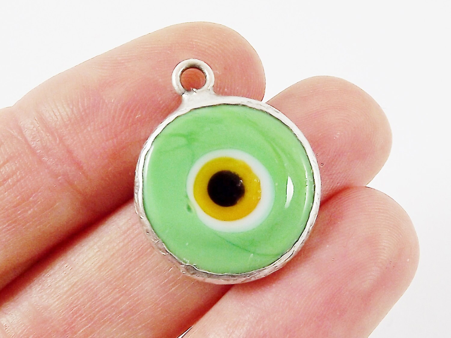 Pale Green Yellow Evil Eye Round Artisan Handmade Glass Pendant - Matte Antique Silver Plated Bezel - 1pc