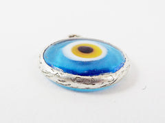 Translucent Cyan Blue Yellow Evil Eye Round Artisan Handmade Glass Pendant - Matte Antique Silver Plated Bezel - 1pc