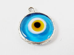 Translucent Cyan Blue Yellow Evil Eye Round Artisan Handmade Glass Pendant - Matte Antique Silver Plated Bezel - 1pc