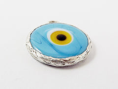 Pale Blue Yellow Evil Eye Round Artisan Handmade Glass Pendant - Matte Antique Silver Plated Bezel - 1pc