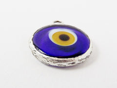 Translucent Navy Yellow Evil Eye Round Artisan Handmade Glass Pendant - Matte Antique Silver Plated Bezel - 1pc