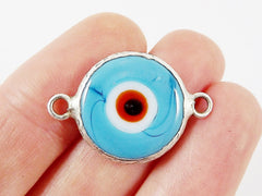 Pale Blue Orange Evil Eye Round Artisan Handmade Glass Connector - Matte Antique Silver Plated Bezel - 1pc