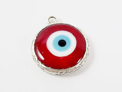 Red Evil Eye Round Artisan Handmade Glass Pendant - Matte Antique Silver Plated Bezel - 1pc