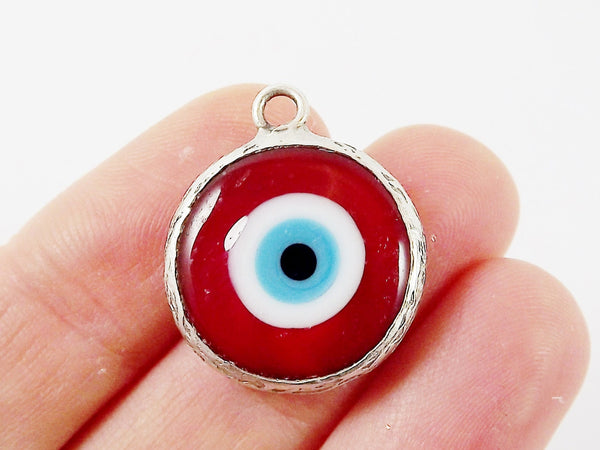 Red Evil Eye Round Artisan Handmade Glass Pendant - Matte Antique Silver Plated Bezel - 1pc