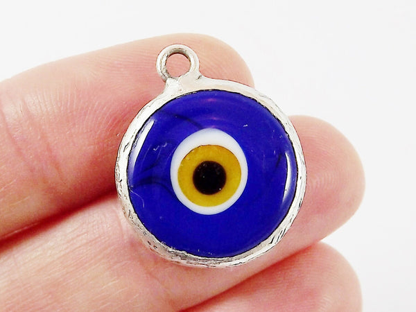 Opaque Navy Blue Yellow Evil Eye Round Artisan Handmade Glass Pendant - Matte Antique Silver Plated Bezel - 1pc